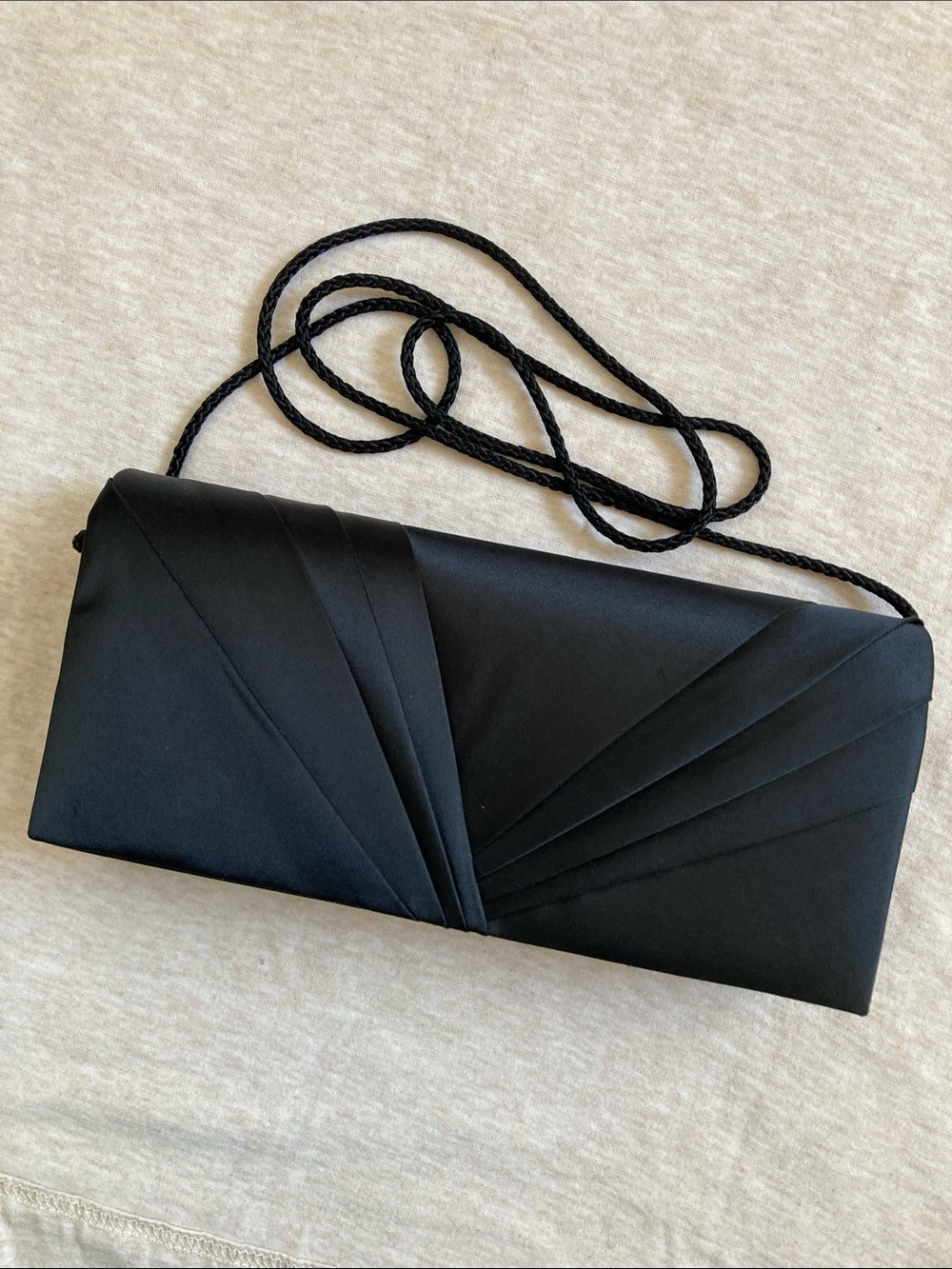 Kate Landry Black Satin Folded Pleat Clutch with Braided Strap